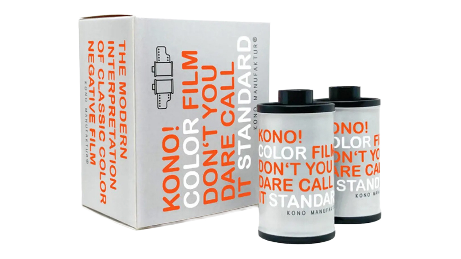 Two rolls of KONO Negative Film beside the retail box packaging
