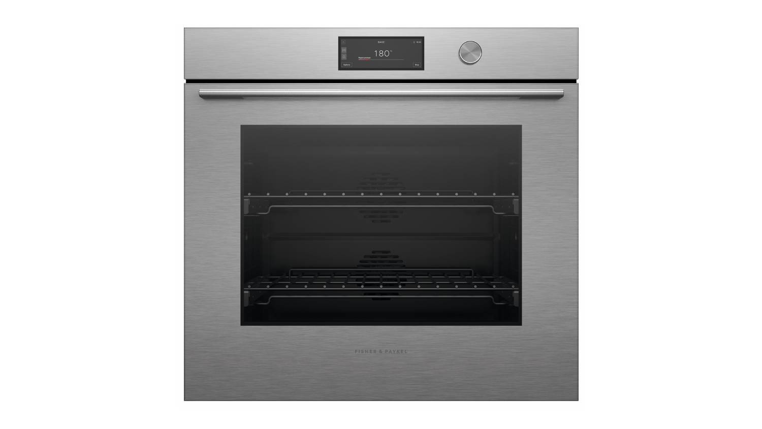 Fisher & Paykel 76cm oven in silver with oven door, horizontal handle, and digital display showing 180°C