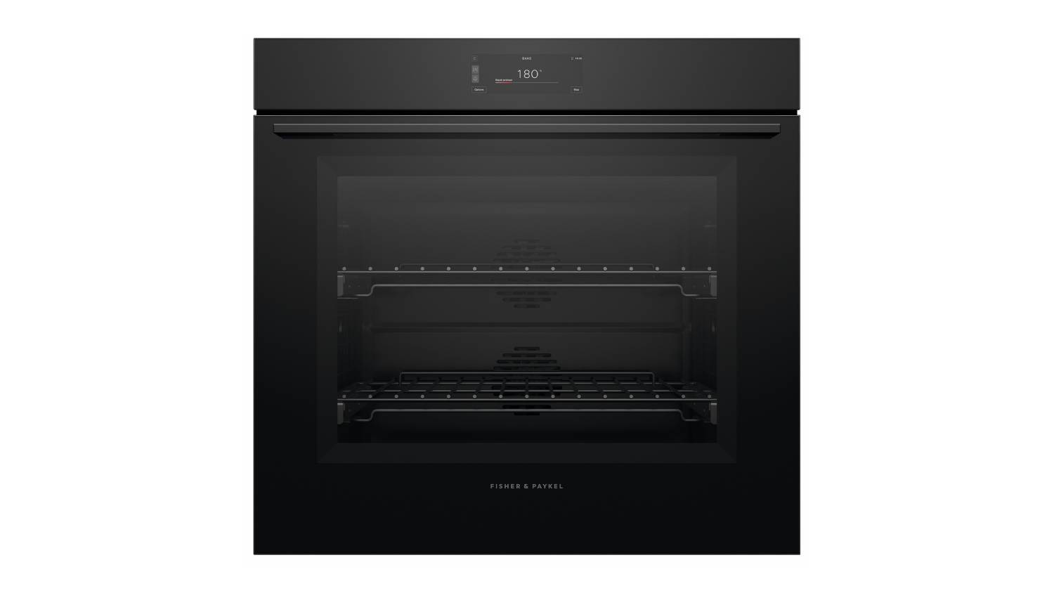 Front view of the Fisher & Paykel Series 9 built-in oven in black glass finish. The door is closed, showing a sleek design
