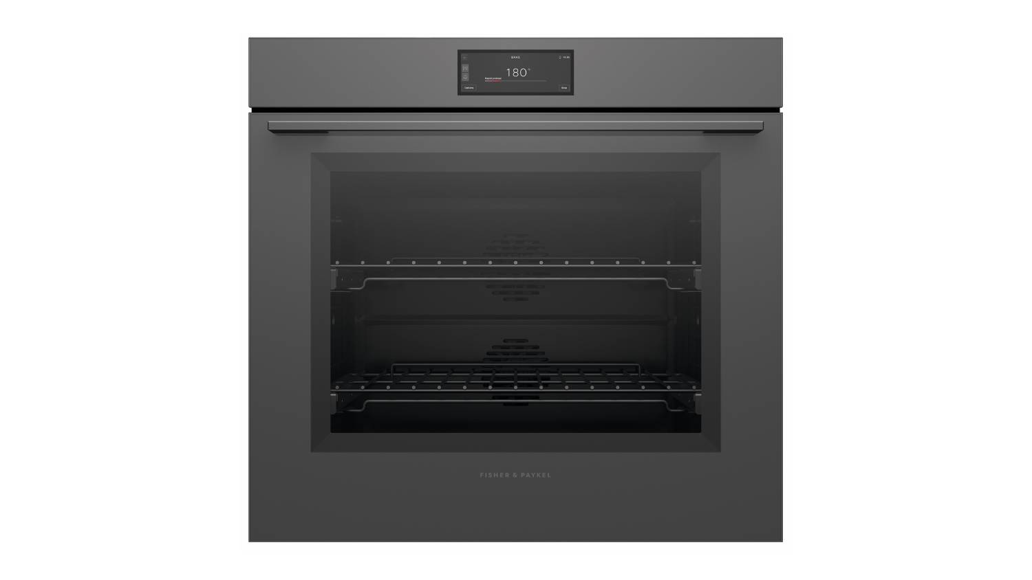 Front view of the Fisher & Paykel Series 9 built-in oven in grey glass finish. The door is closed, showing a sleek design