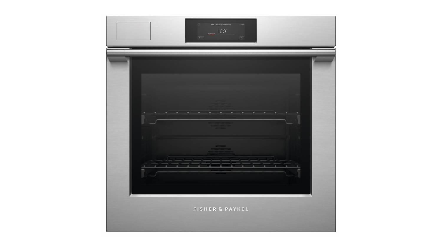 Front view of a closed Fisher & Paykel Series 11 built-in steam oven in brushed silver finish