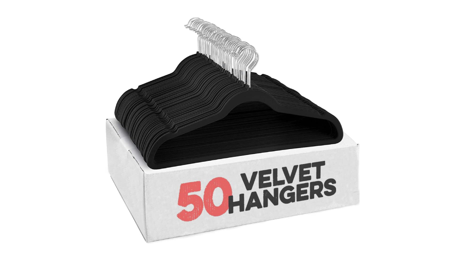 An angled view of a 50-piece hanger and its packaging