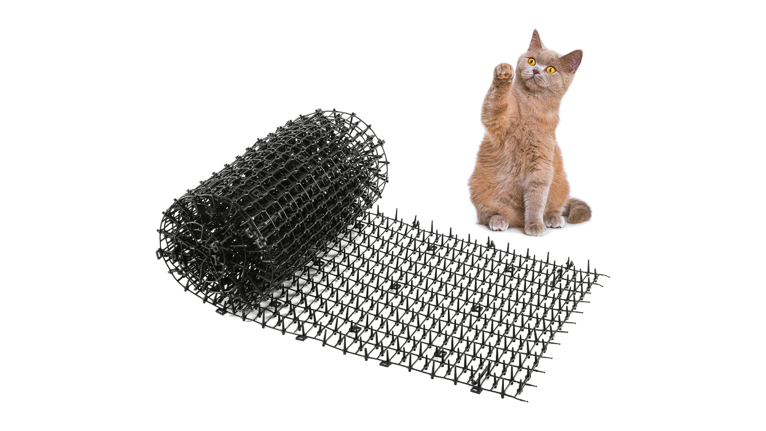 Rolled black pet deterrent mat with spikes next to a cat raising one paw