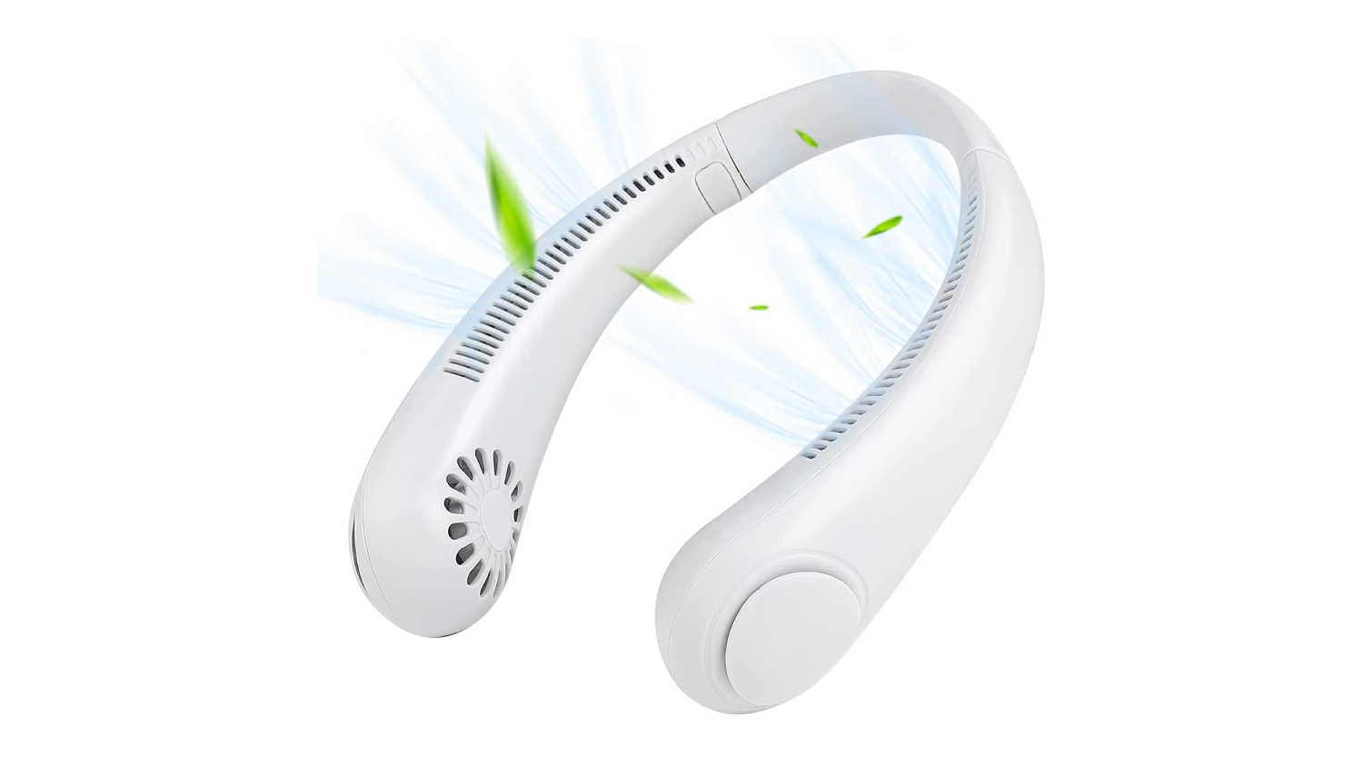 White bladeless neck fan with air vents and green leaves, showing airflow for portable cooling