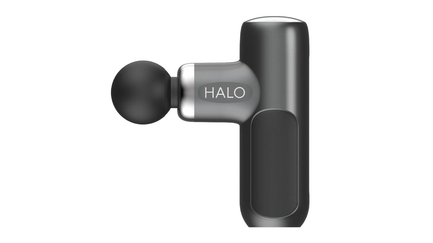 Side view of the HALO Handheld Compact Percussion Body Massager in matte black and grey