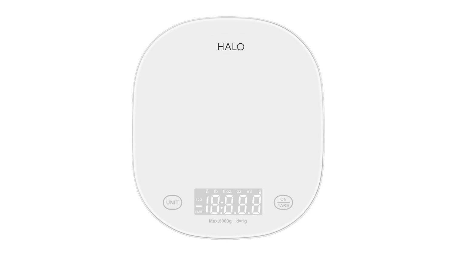 Top view of the HALO Bluetooth Kitchen Scale in white with a rounded rectangular shape