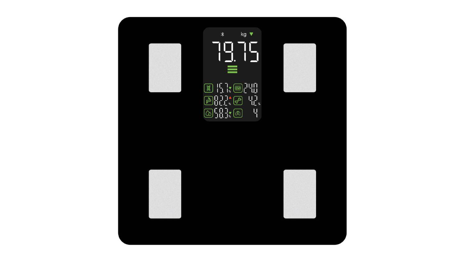 Top view of the HALO Compact Smart Bluetooth Bathroom Scale in black, featuring a square shape with rounded corners
