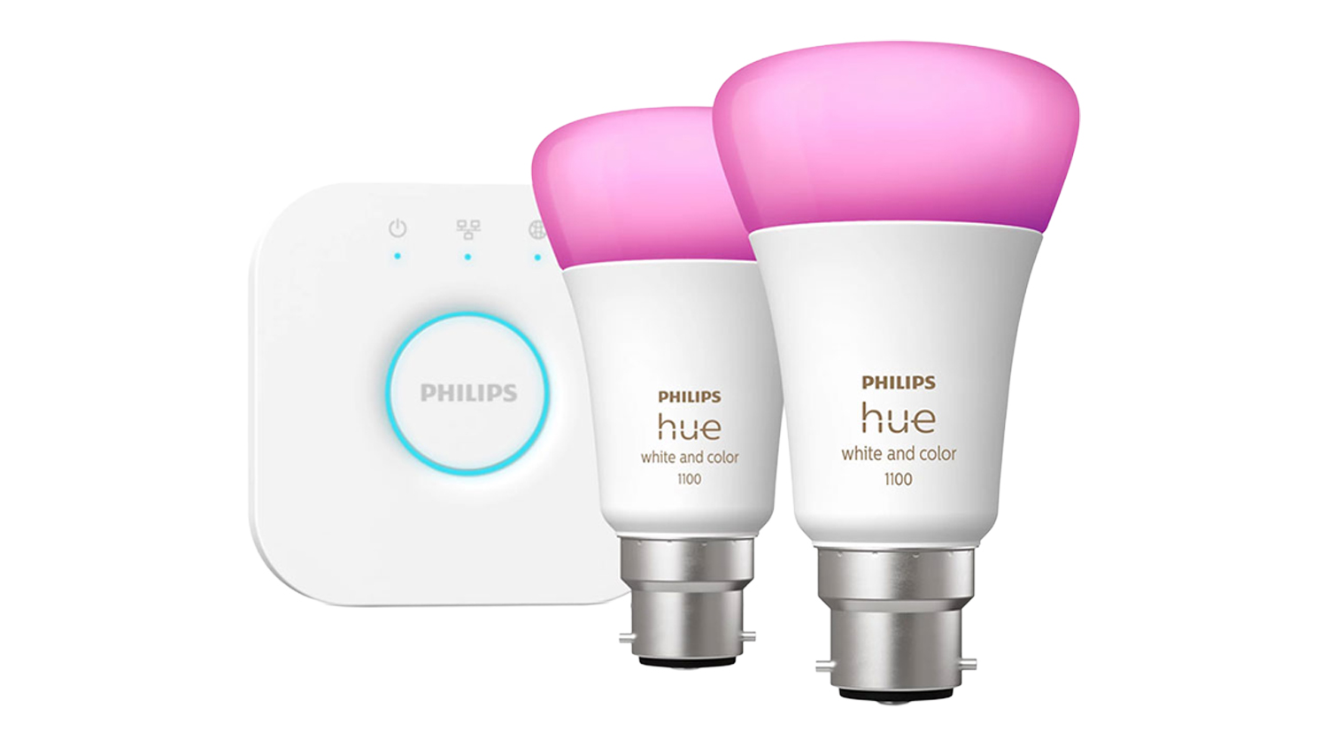 Two Philips light bulbs alongside a Hue bridge