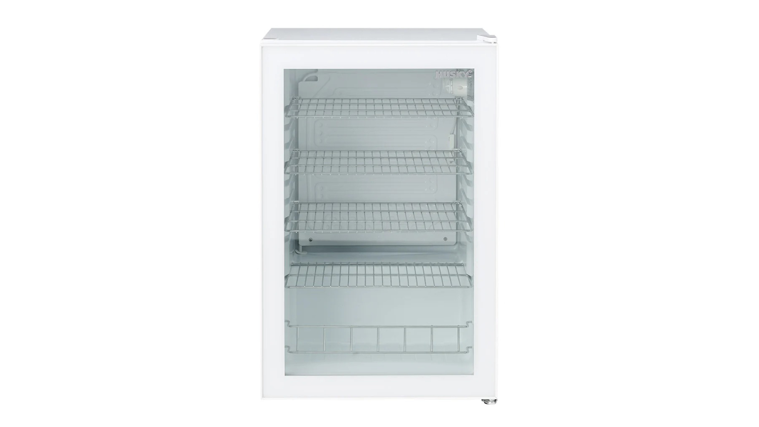 A front view of the Husky 130L white bar fridge with a clear glass door, showing an empty interior