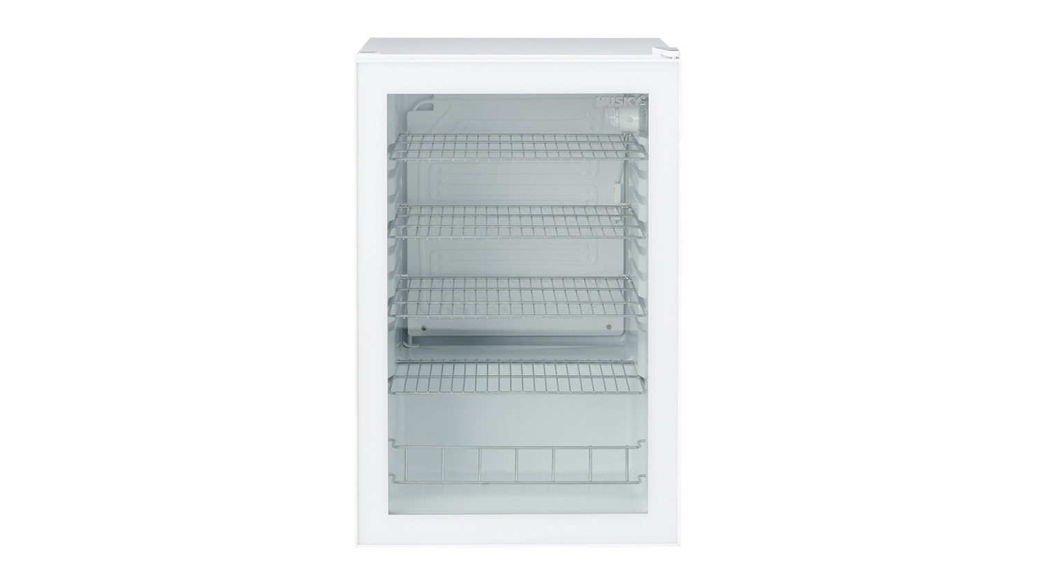 A front view of the Husky 130L white bar fridge with a clear glass door, showing an empty interior