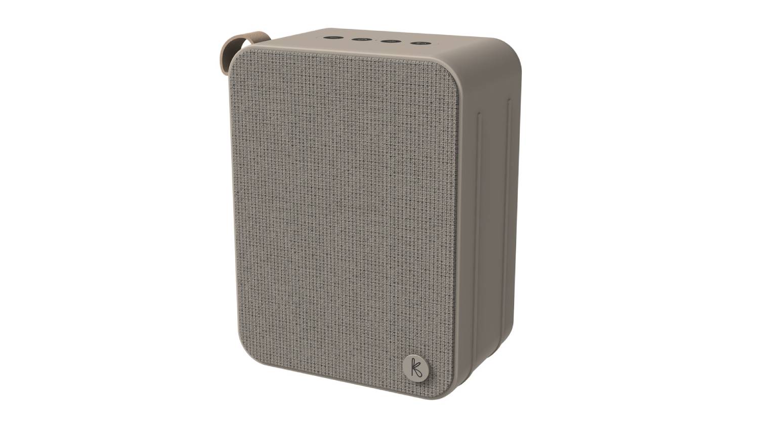 Angled view of the Kreafunk aBOOM+ Portable Bluetooth Speaker in ivory sand featuring a rectangular shape