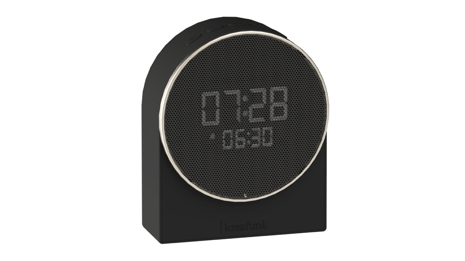 Black Kreafunk Ivy alarm clock with Bluetooth speaker and LED display showing time