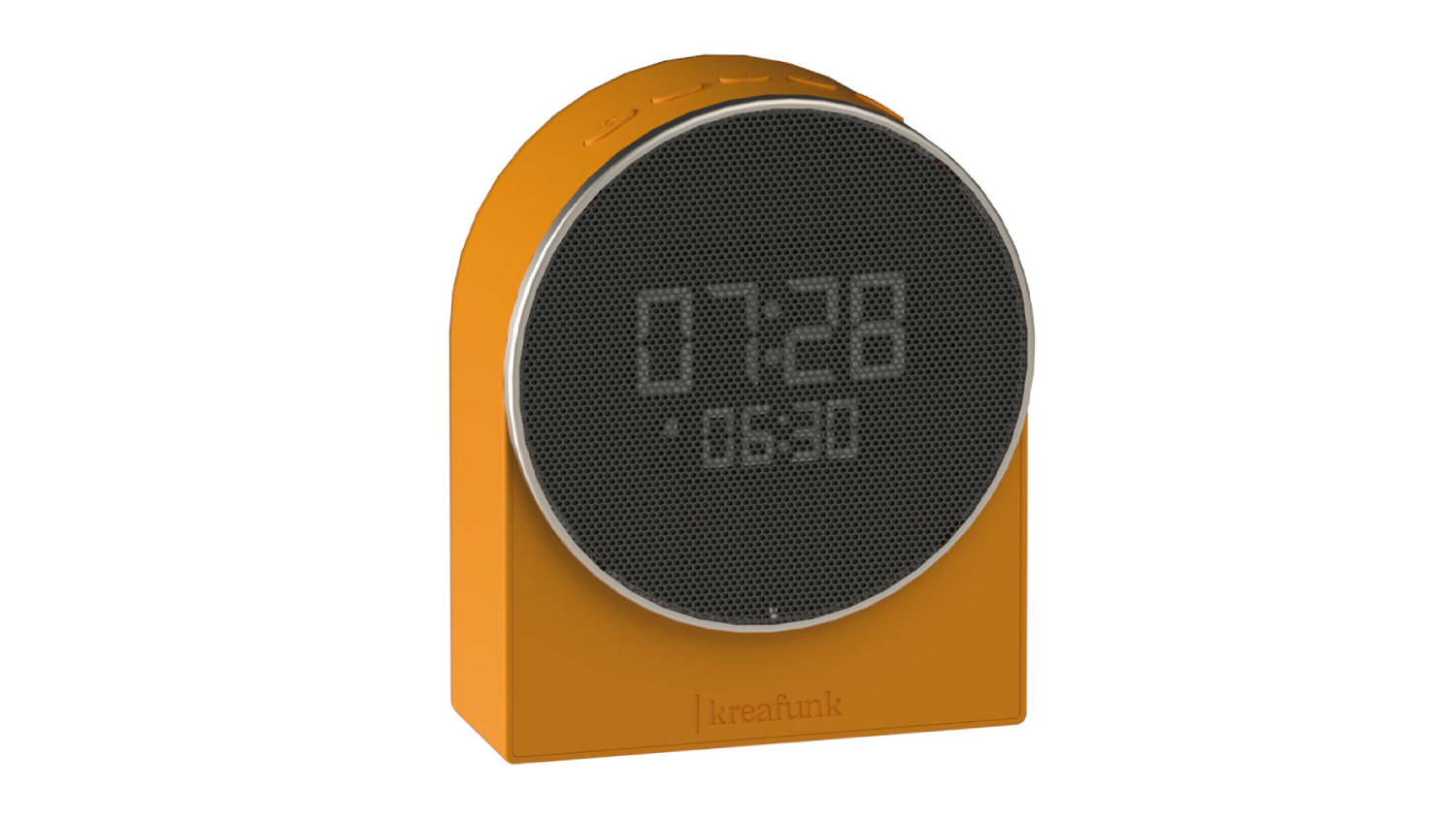 Yellow Kreafunk Ivy alarm clock with Bluetooth speaker and LED display showing time