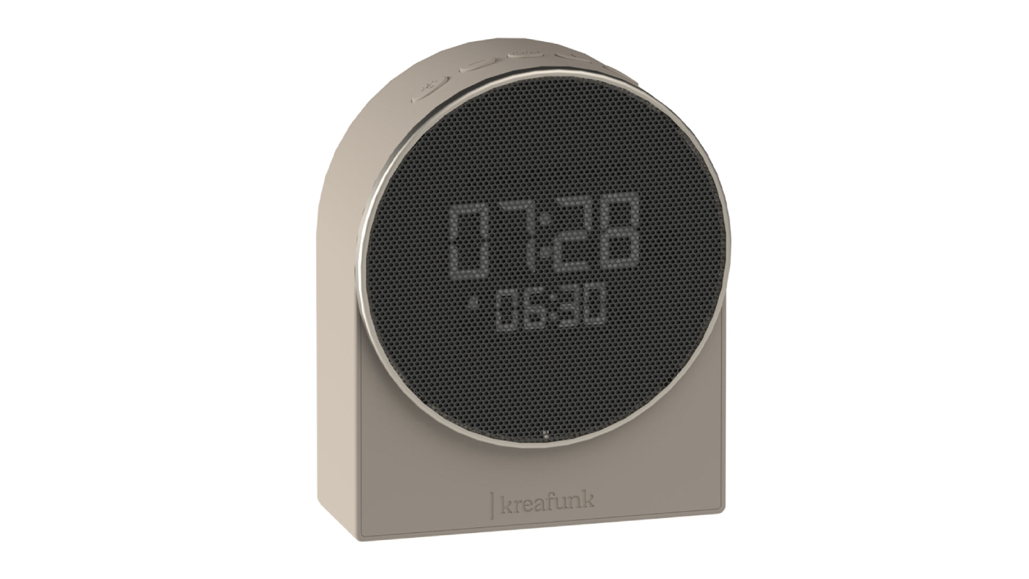 and-finish Kreafunk Ivy alarm clock with Bluetooth speaker and LED display showing time