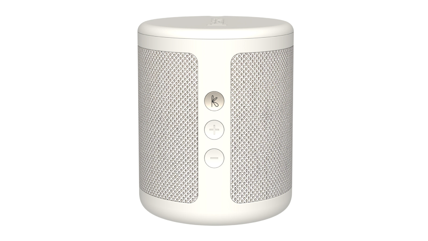 White cylindrical Bluetooth speaker with textured fabric sides and three front buttons for control 