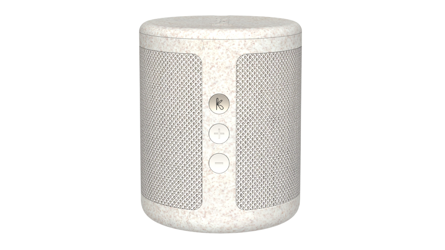 Cylindrical wheat-coloured Bluetooth speaker with textured fabric sides and three front buttons for control