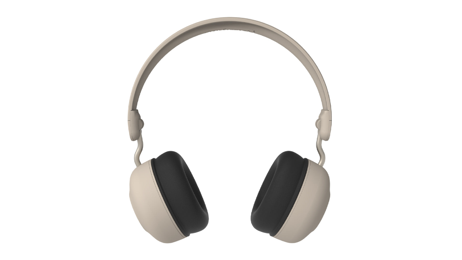 Beige over-ear Bluetooth headphones with black cushioned ear pads and an adjustable headband