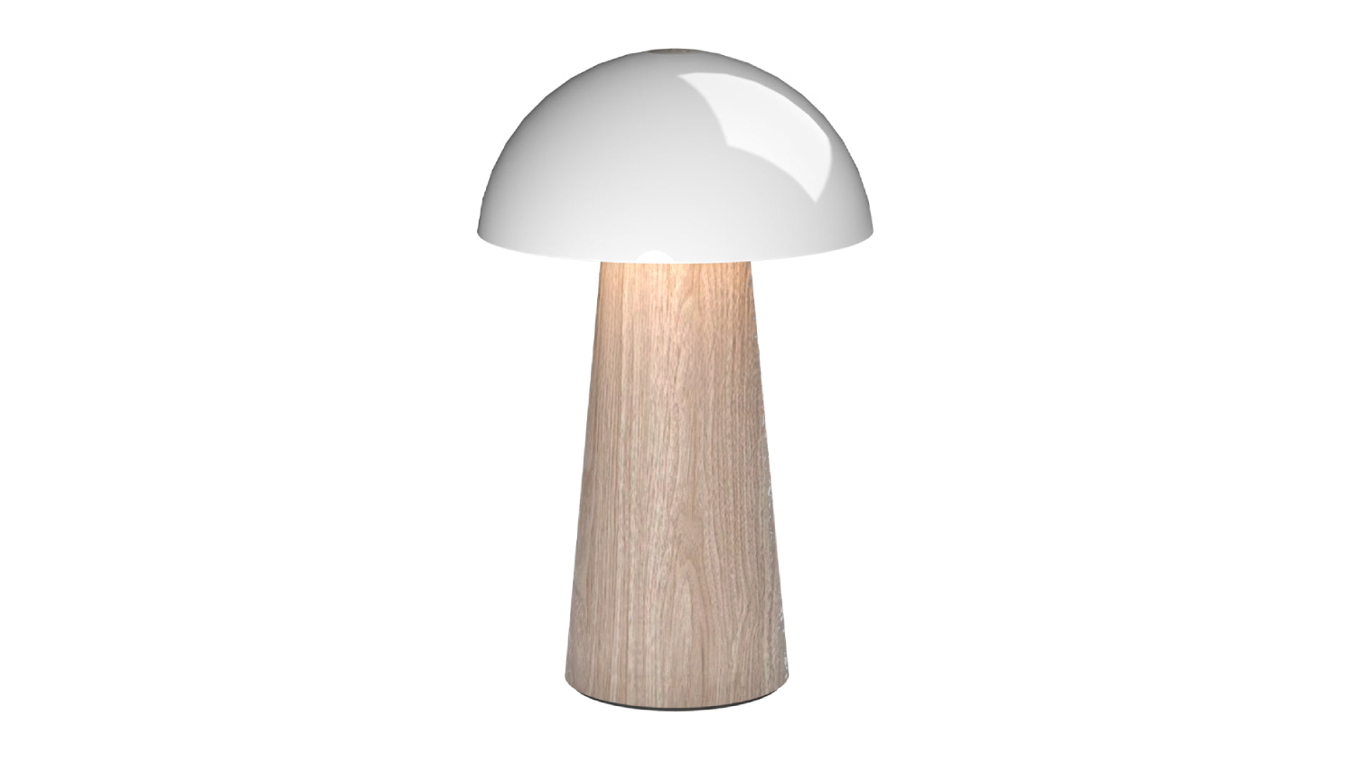 Modern table lamp with a white dome shade and a tapered wooden base 