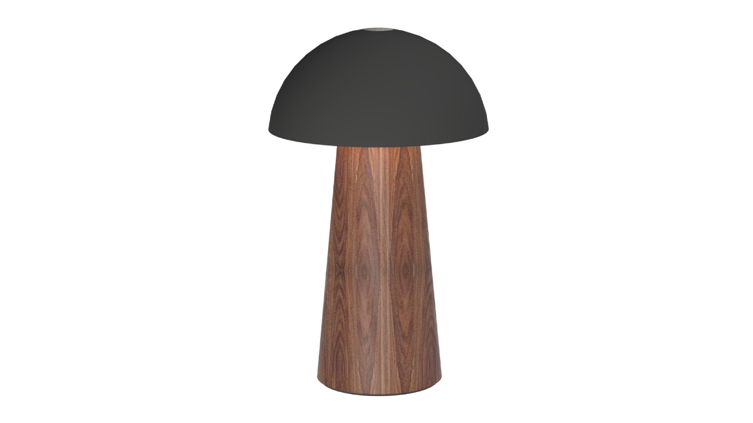 Modern table lamp with a black dome shade and a tapered wooden base 