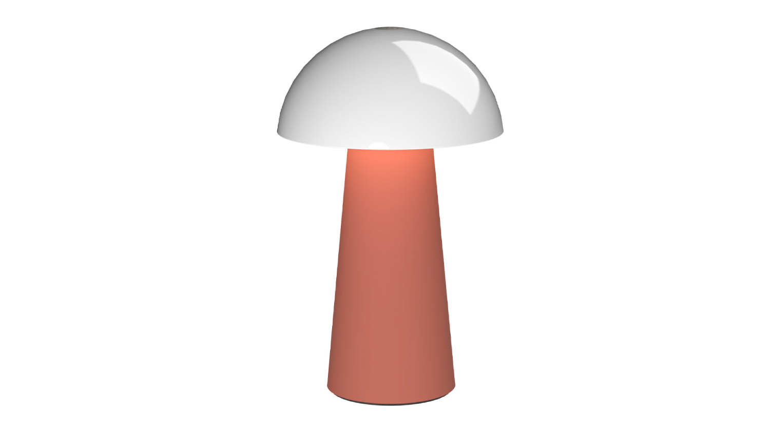Modern table lamp with a white dome shade and a tapered terracotta-coloured base
