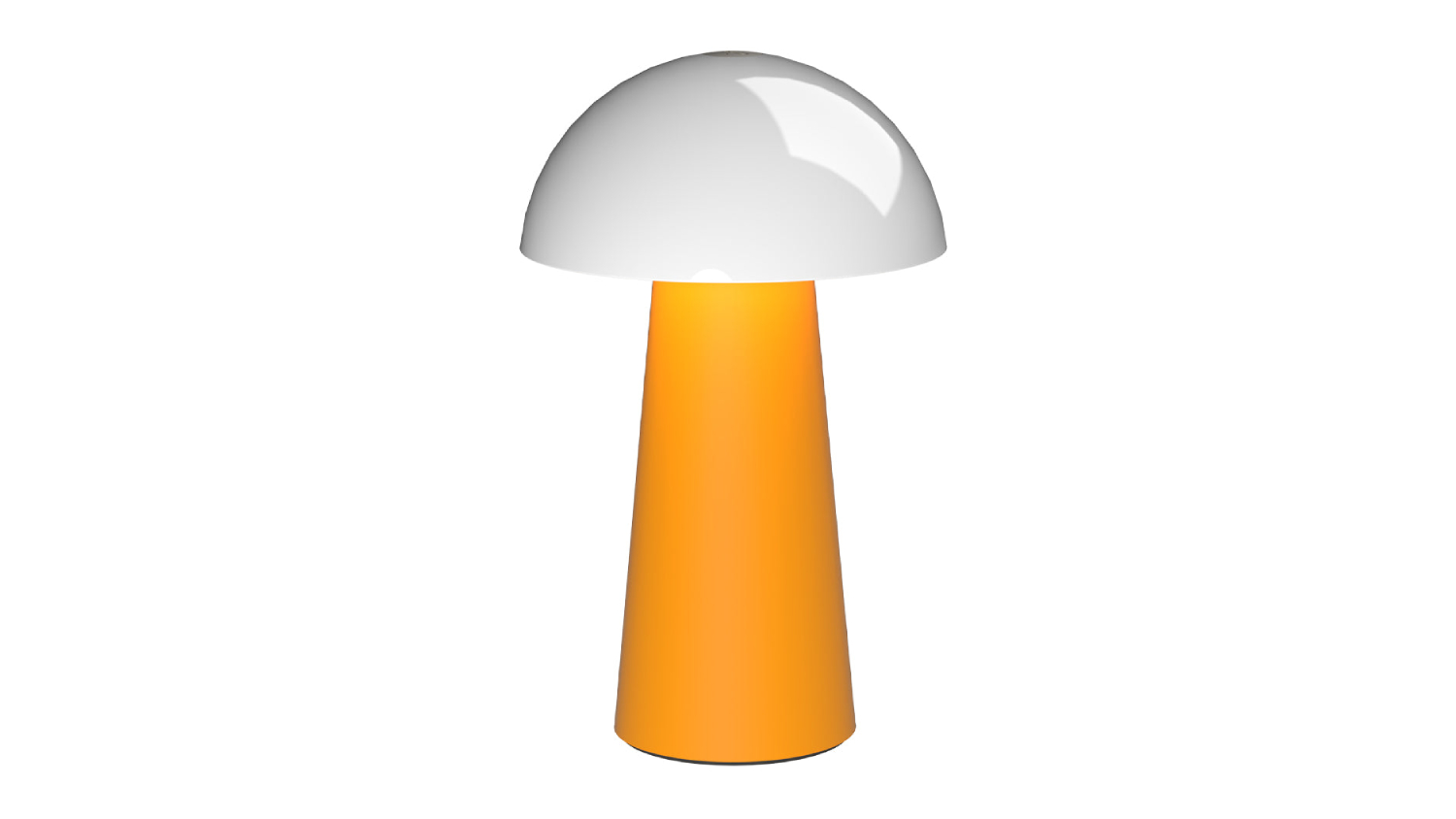 Modern table lamp with a white dome shade and a tapered yellow base 