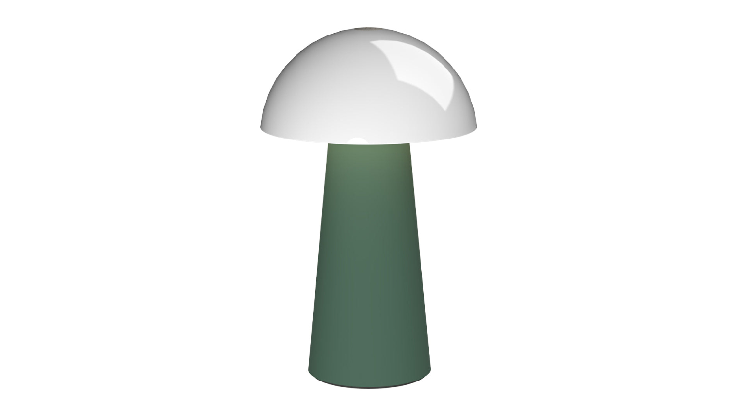 Modern table lamp with a white dome shade and a tapered green base 