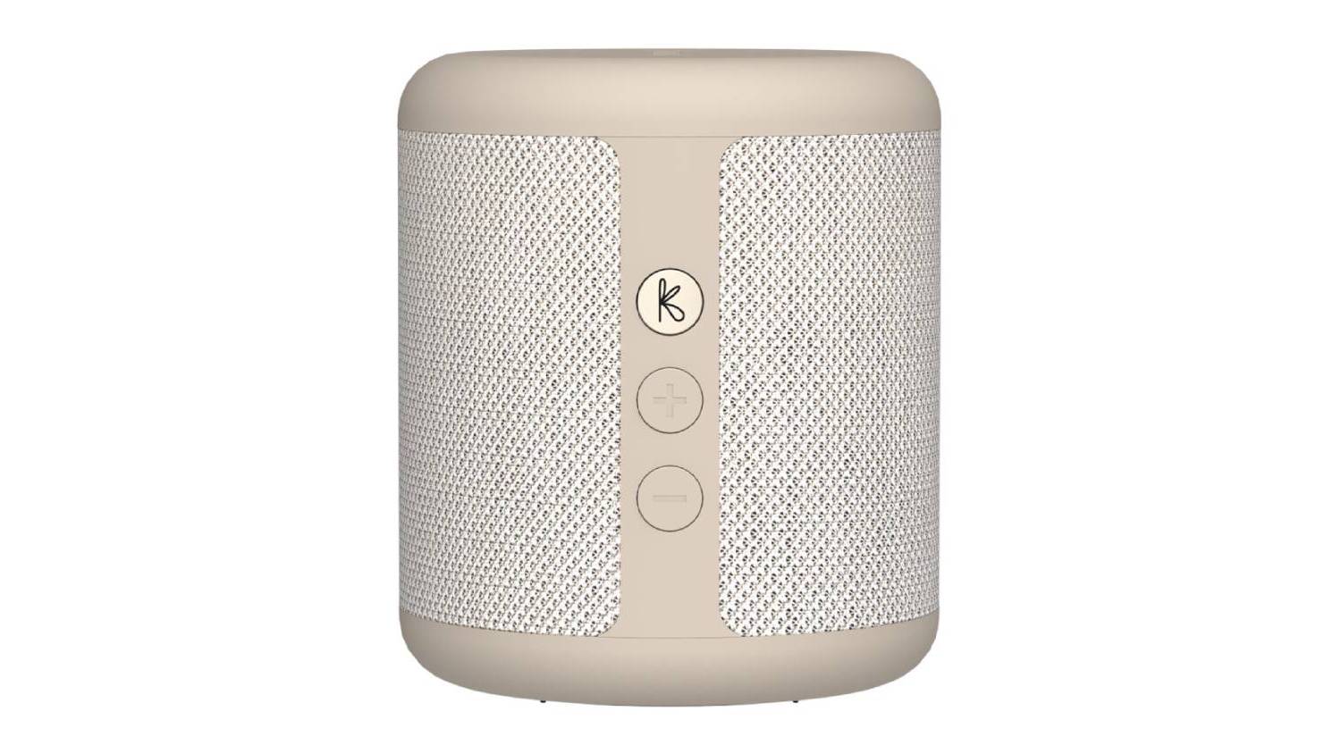 Front view of the Kreafunk Karl Portable Bluetooth Speaker in Ivory Sand, featuring a cylindrical shape