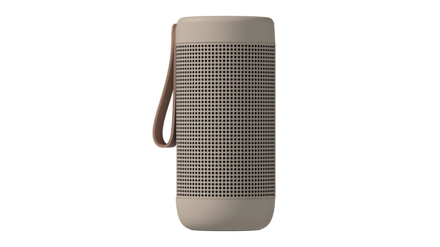 Front view of the Kreafunk aCOUSTIC Portable Bluetooth Speaker in ivory sand featuring a cylindrical design