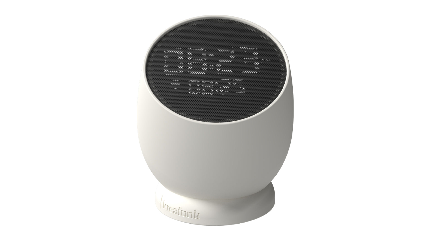 White Kreafunk Bell alarm clock with round design and LED time display on black front panel