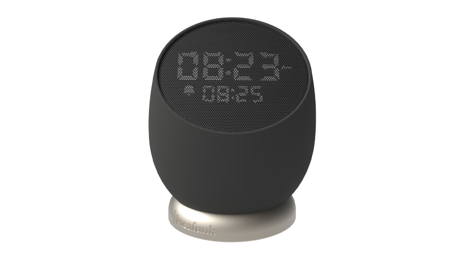 Black Kreafunk Bell alarm clock with round design and LED time display on black front panel