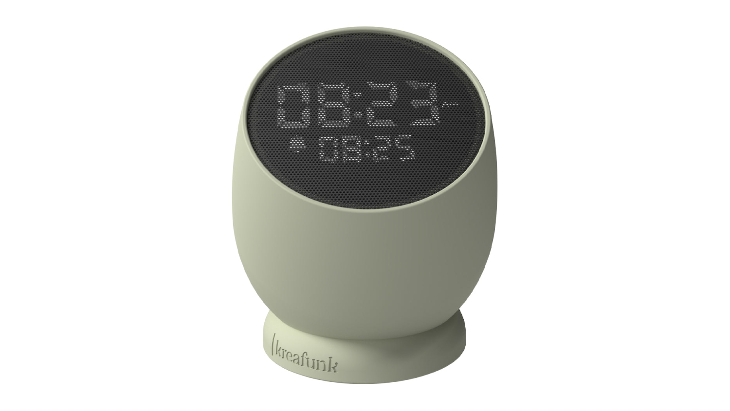 Dusty olive Kreafunk Bell alarm clock with round design and LED time display on black front panel