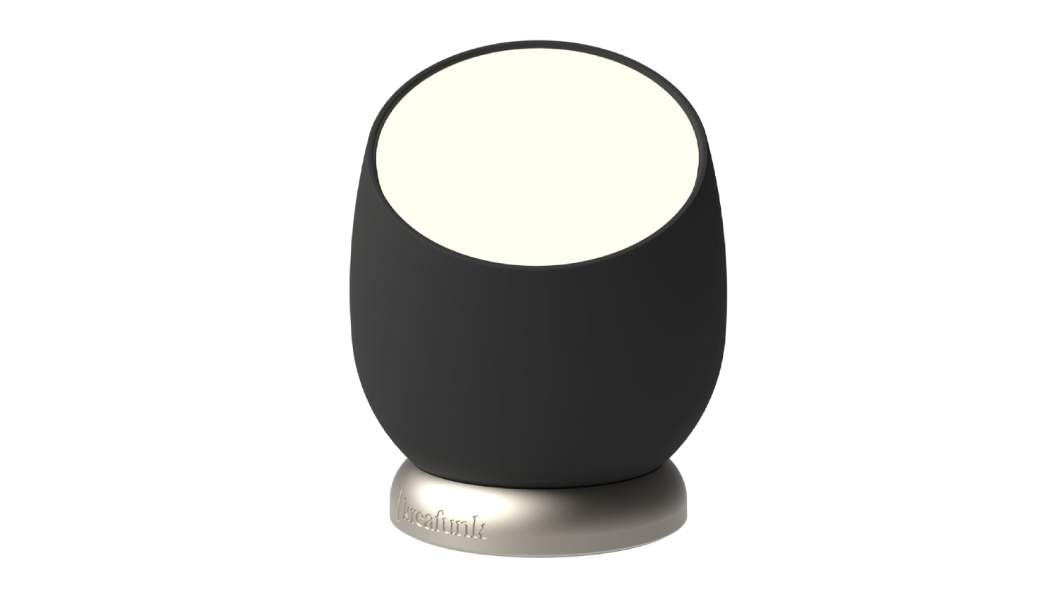 Black Kreafunk Beam wireless dimmable lamp with round design and angled light surface on a rotating base