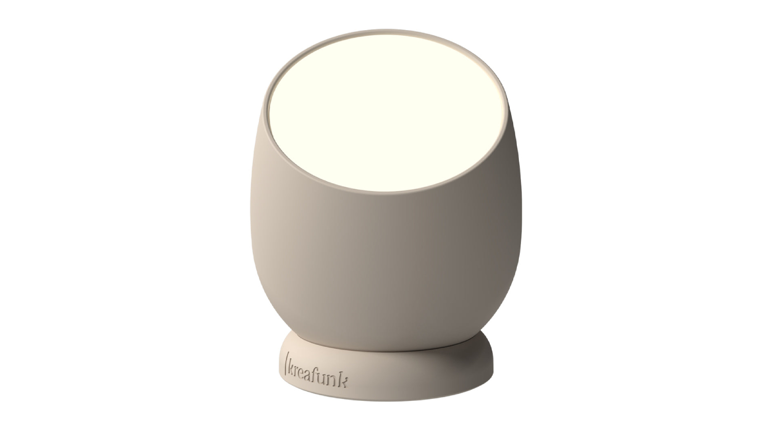 Beige Kreafunk Beam wireless dimmable lamp with round design and angled light surface on a rotating base