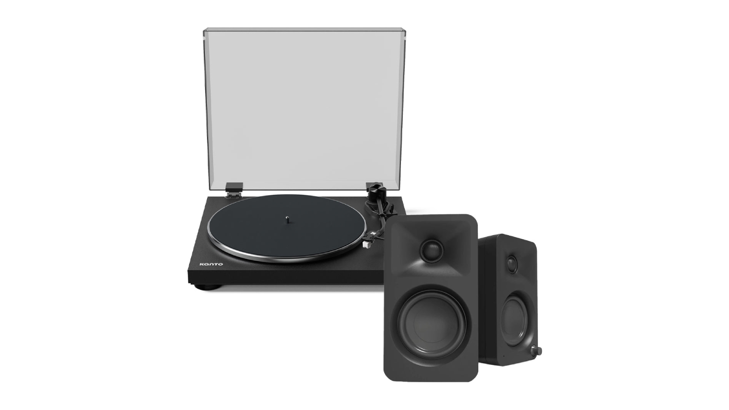A side-by-side view of the OBI3 Bluetooth turntable with ORA 100W powered speakers