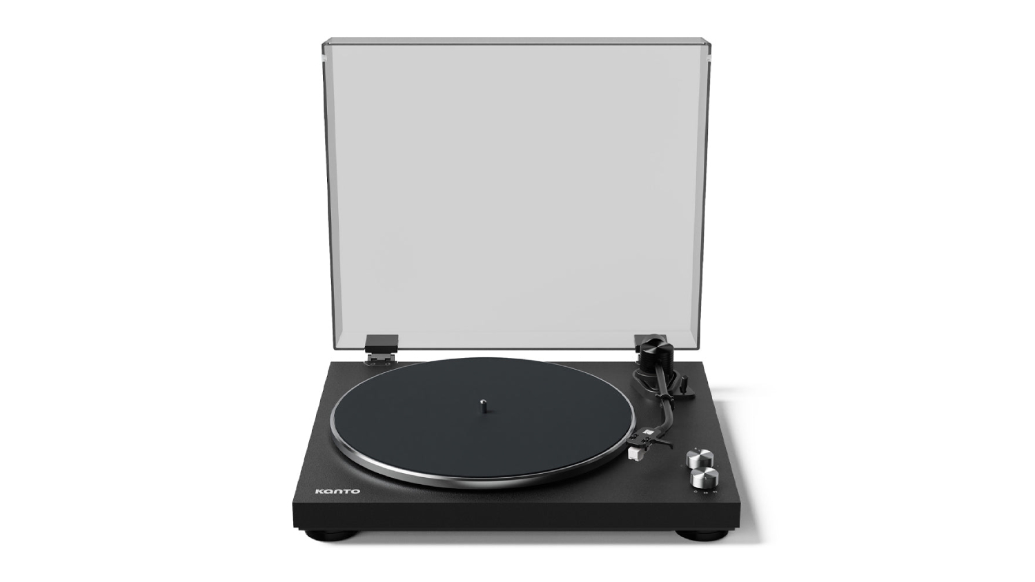 A front view of a  turntable with a transparent cover open