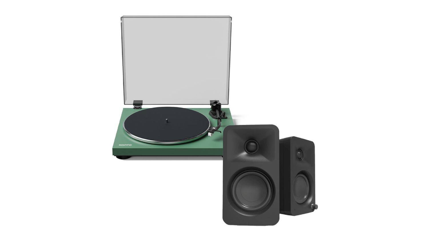 A side-by-side view of the OBI3 Bluetooth turntable with ORA 100W powered speakers