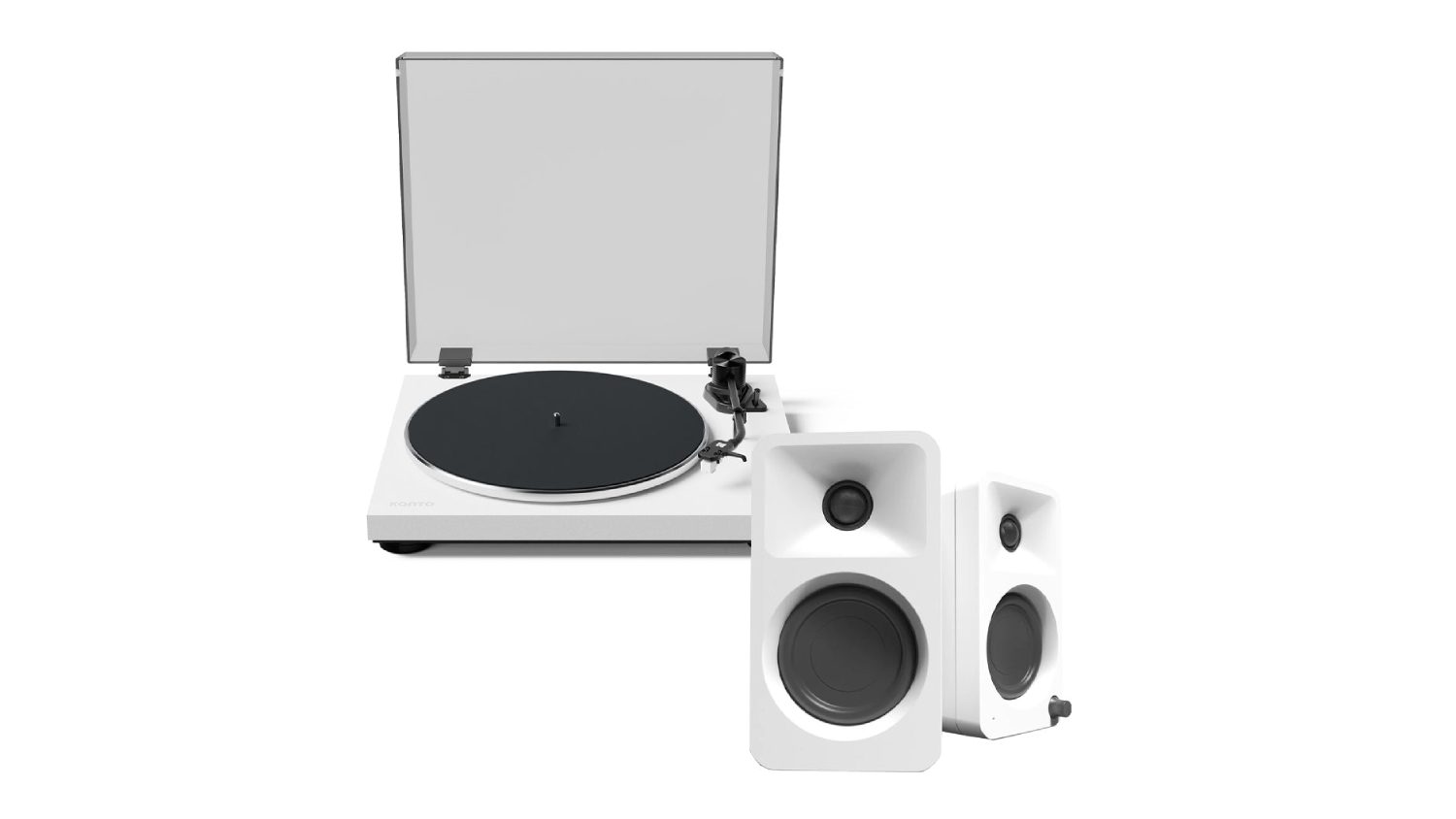 A side-by-side view of the OBI3 Bluetooth turntable with ORA 100W powered speakers