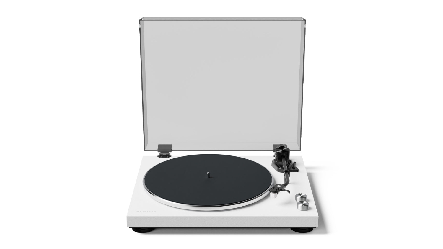 A front view of a  turntable with a transparent cover open
