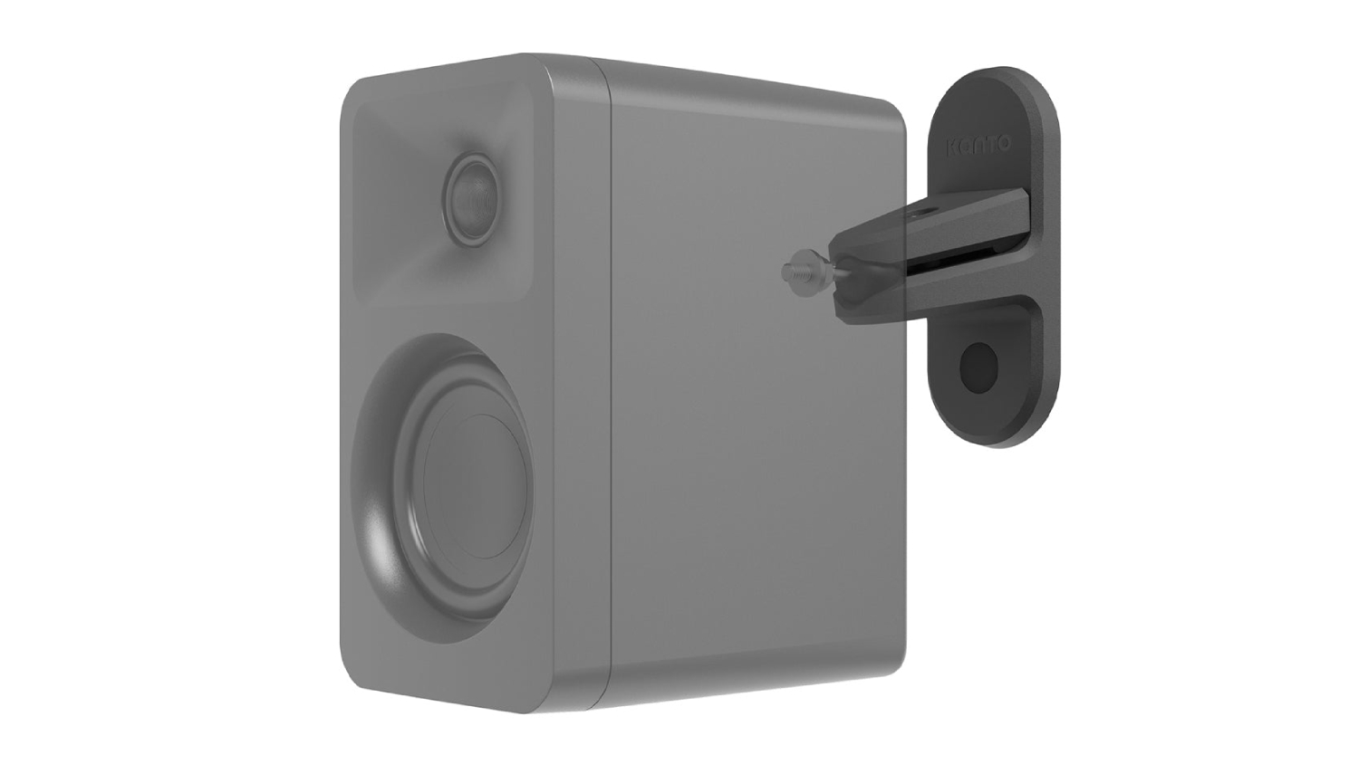Black Kanto SPW3 rear-mounted speaker wall mount holding a compact bookshelf speaker