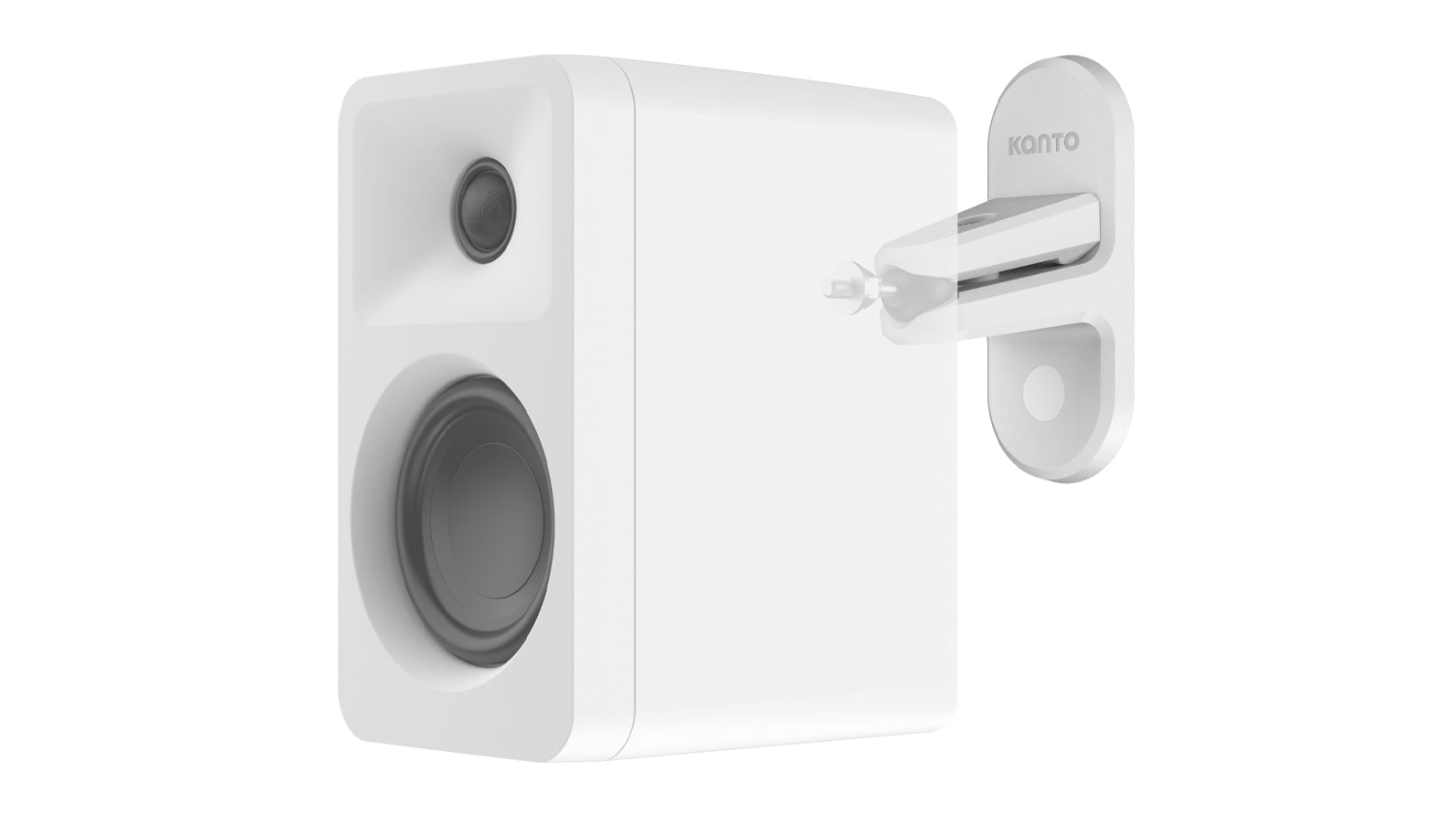 White Kanto SPW3 rear-mounted speaker wall mount holding a compact bookshelf speaker