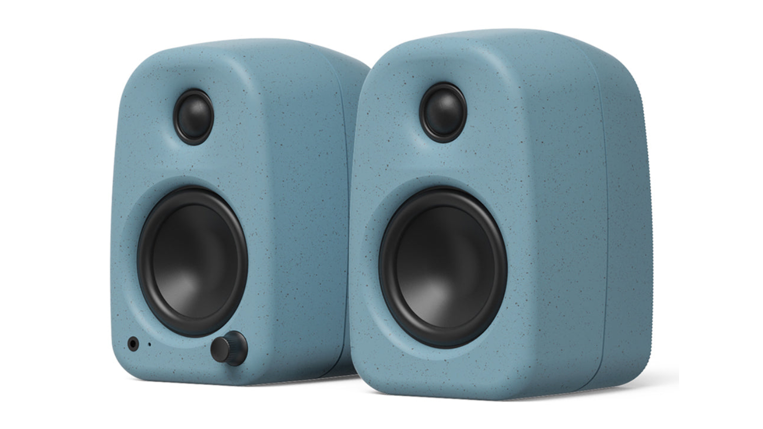 A left-angled view of Cornflower UKI desktop speakers