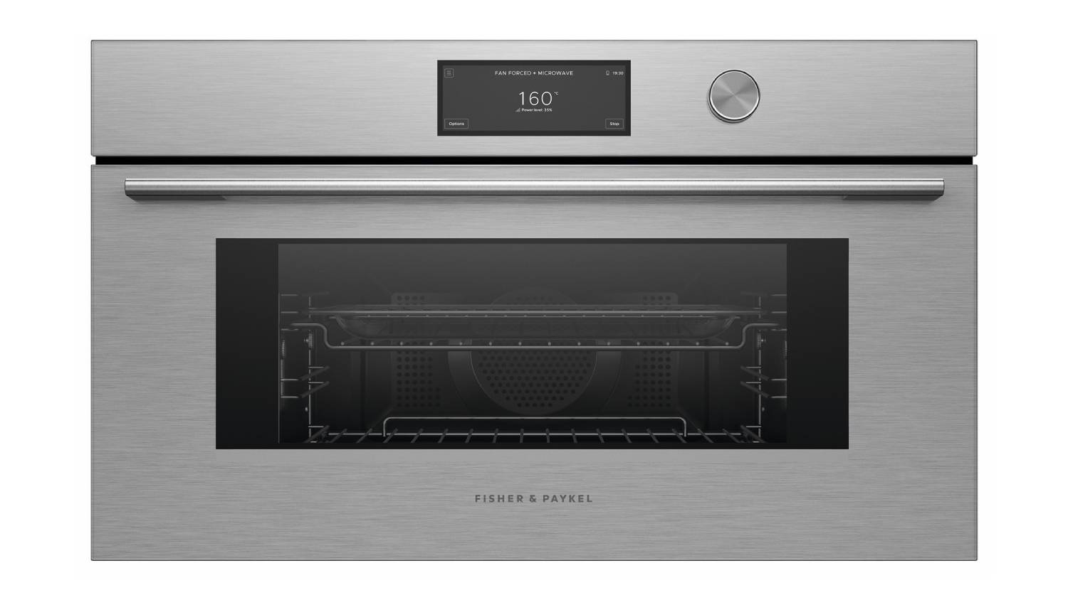 Fisher & Paykel 76cm oven in silver with oven door, horizontal handle, and digital display showing 160°C