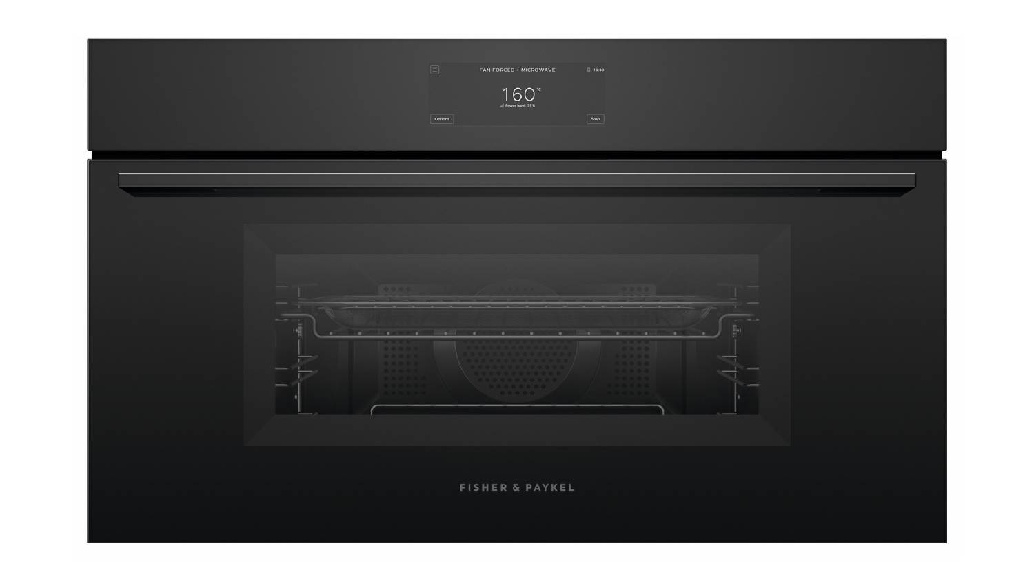 Fisher & Paykel 76cm oven in black glass with oven door, horizontal handle, and digital display showing 160°C