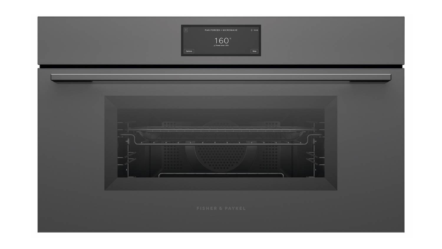 Fisher & Paykel 76cm oven in grey glass with oven door, horizontal handle, and digital display showing 160°C