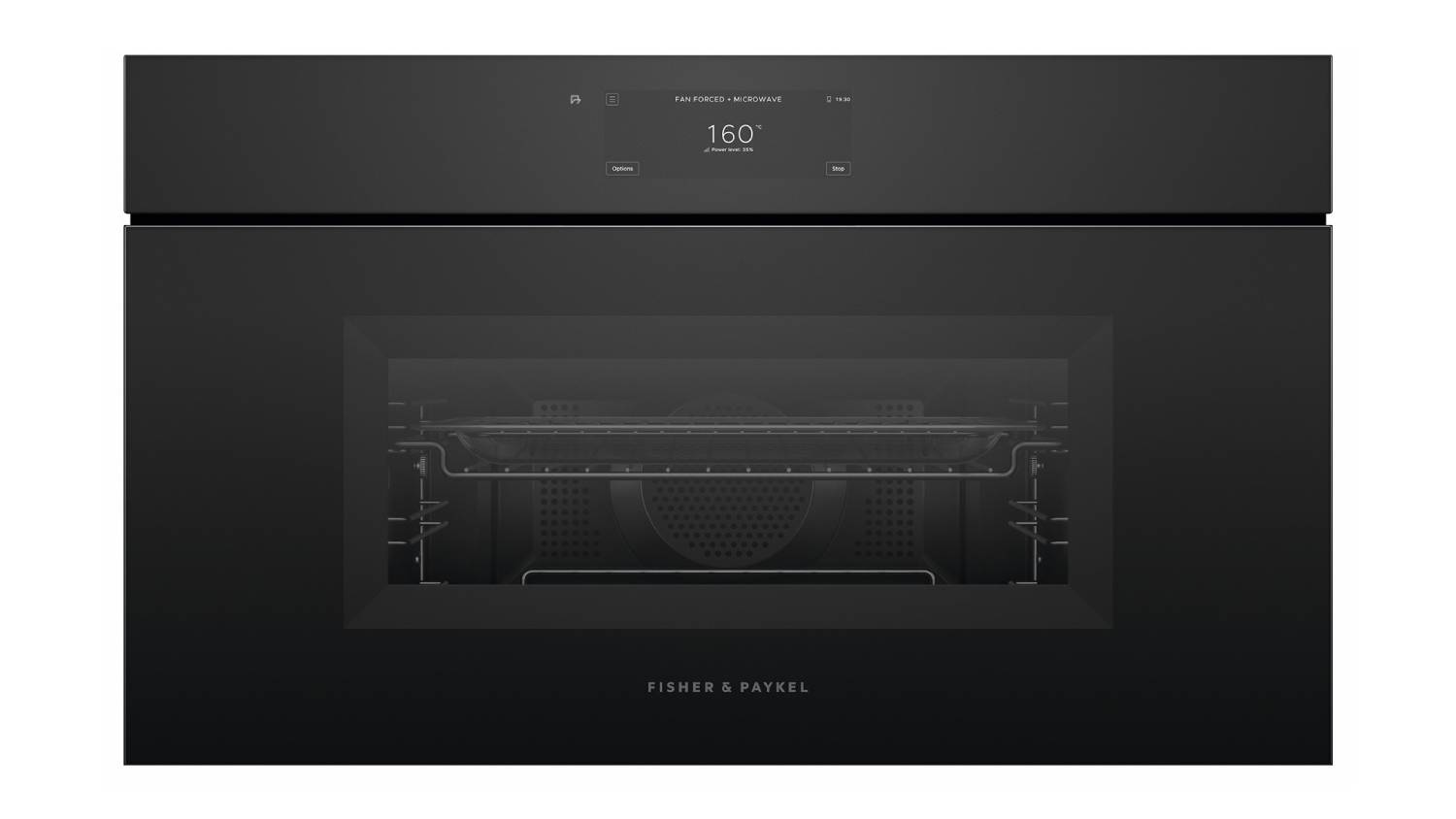 Fisher & Paykel 76cm oven in black glass with oven door, horizontal handle, and digital display showing 160°C