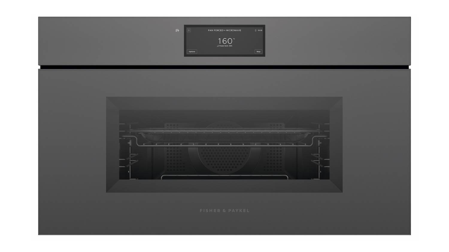Fisher & Paykel 76cm oven in grey glass with oven door, horizontal handle, and digital display showing 160°C
