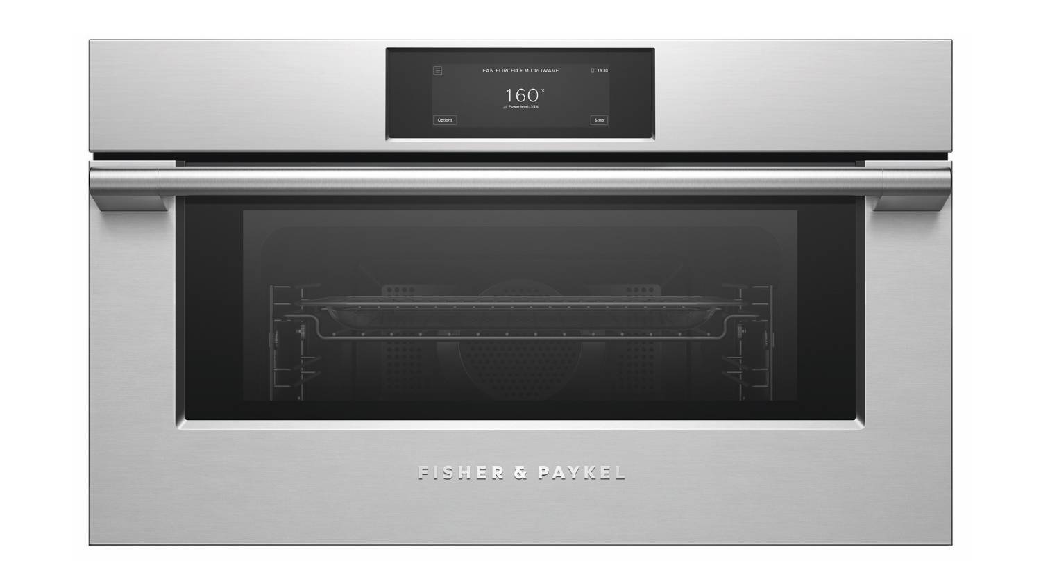 Fisher & Paykel 76cm oven in silver with oven door, horizontal handle, and digital display showing 160°C