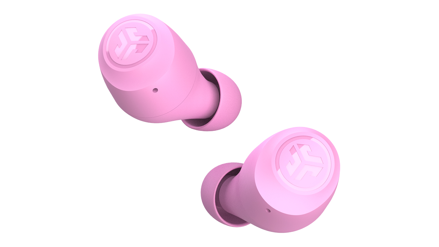 A pair of JLab Go Pop+ wireless earbuds with silicone tips and an embossed logo