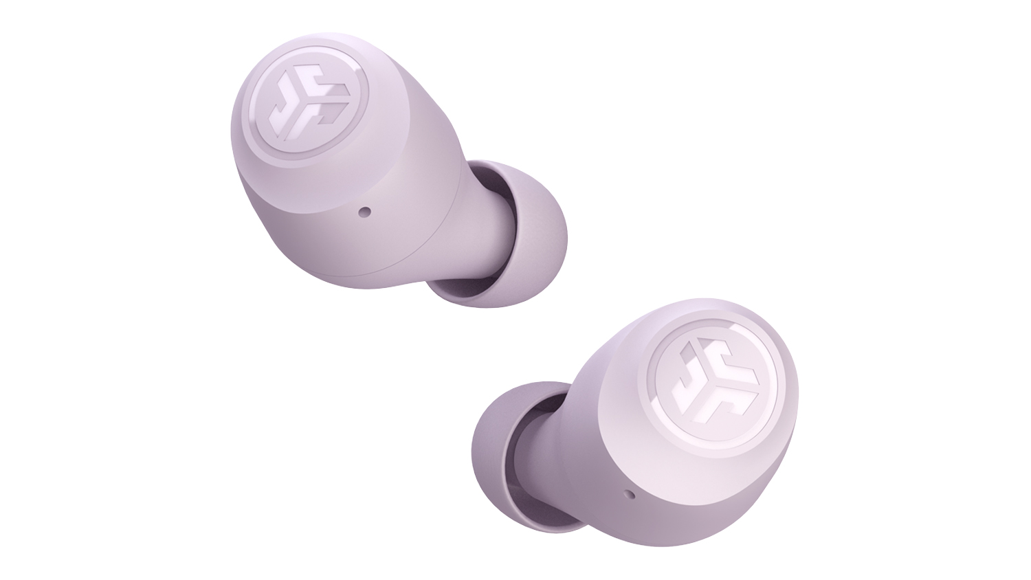 A pair of JLab Go Pop+ wireless earbuds with silicone tips and an embossed logo