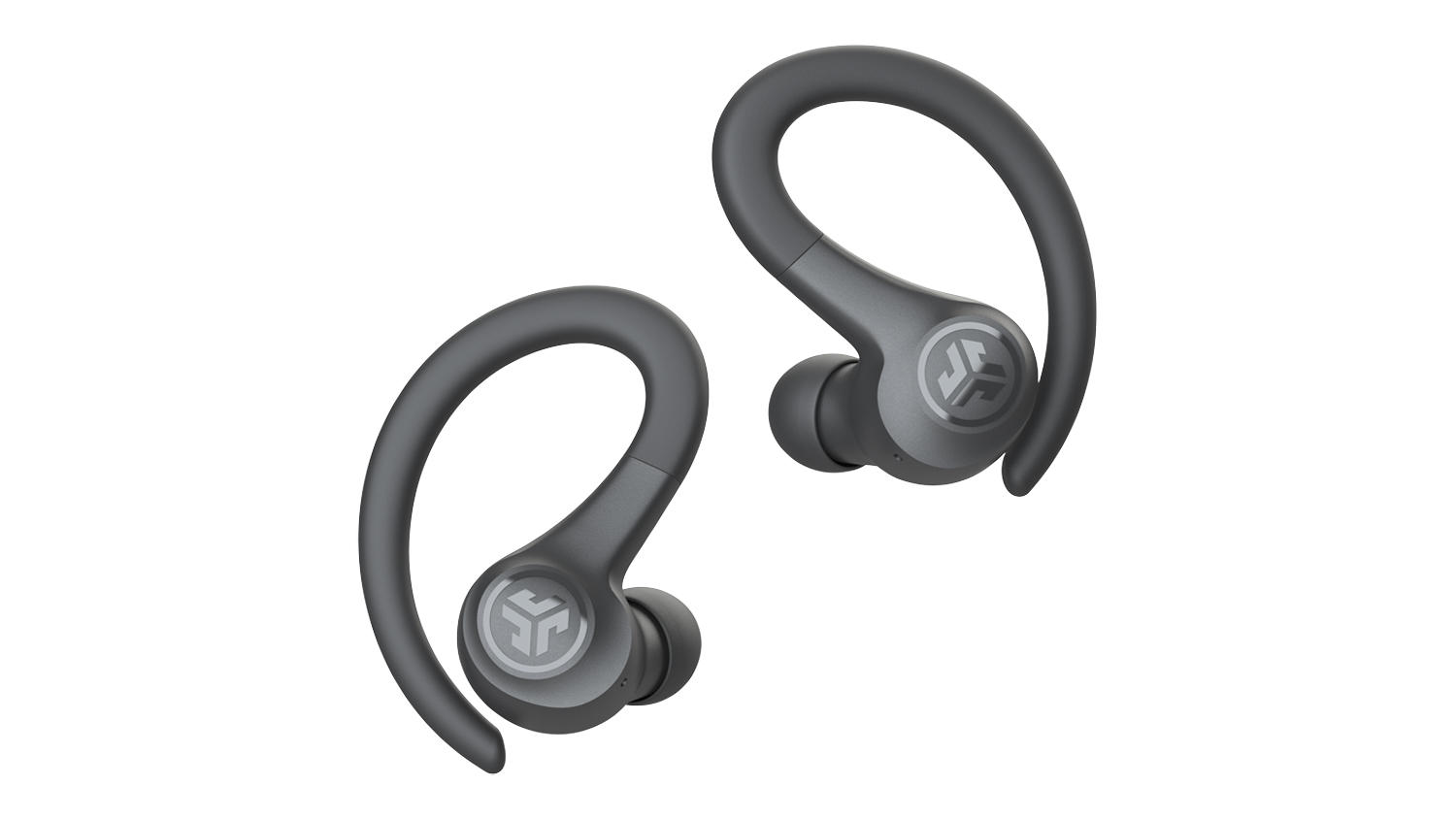 A pair of JLab Go Sport+ headphones with silicone tips and secure-fit ear hooks